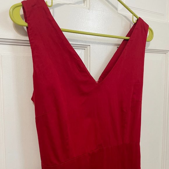 Red Midi Dress Summer Cotton Long Sleeveless V Neck Vtg Europe Zip Tie Bow US 10 - Picture 2 of 8